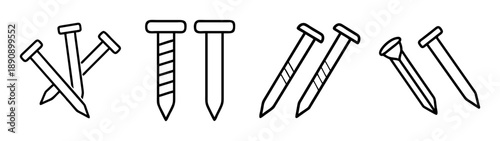 Assortment of line art icons depicting various nails and screws