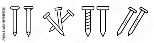 Nail icon set: various types of construction fasteners for tools