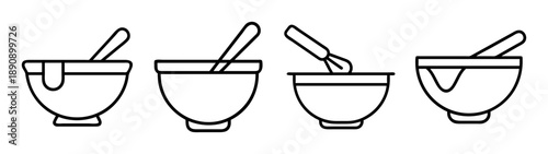 Cooking bowl and utensil line art icon set for food preparation