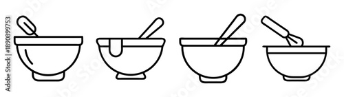 Mixing bowls with stirring utensils line art icons collection