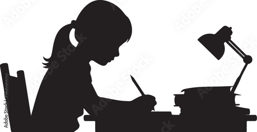 Silhouette of a child writing at a desk with a lamp