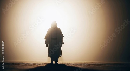 Jesus Walking Towards Light Symbolizing Hope Grace and Spiritual Reflection
