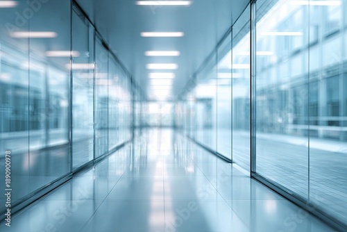 Wallpaper Mural Modern, bright, glass-walled hallway with reflective floor and ceiling lights Torontodigital.ca