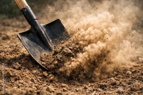 Black Metal Shovel Digging Dry Earth with Dirt Flying Upward in Sunlight