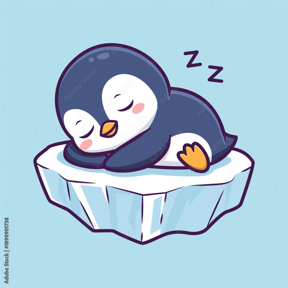 Naklejka premium Cute Cartoon Penguin Sleeping Peacefully on Floating Ice with Z Symbols Vector Illustration