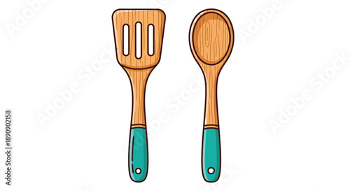 Cartoon illustration featuring a pair of wooden cooking utensils including a slotted spatula and a solid serving spoon with teal handles