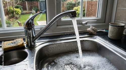 Chrome Kitchen Faucet Running Water Into Stainless Steel Sink With Bubbles And Green Garden View