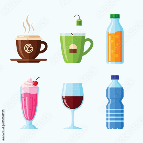 Assorted beverages in various containers and flavors Vector, illustration