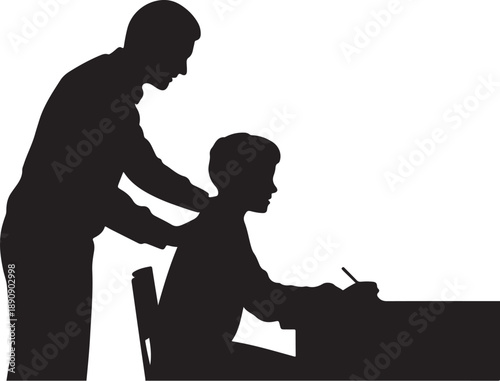 Silhouette of guiding child writing at desk guidance