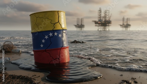 Cracked Oil Barrel With Venezuelan Flag Colors Washed Ashore On Beach With Offshore Rigs In Background