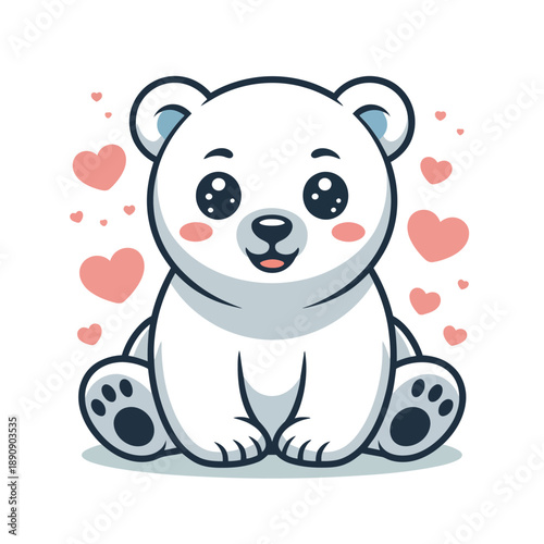 Smiling polar bear cub vector with rosy cheeks and hearts, cute love animal for valentines card, birthday invite, sticker set