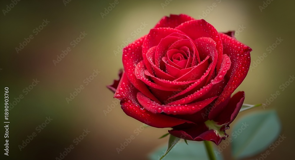 Fototapeta premium A single red rose with dew drops, viewed closely in a garden environment