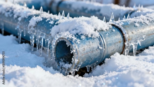 Frozen Water Pipes Covered in Snow and Icicles on a Sunny Winter Day