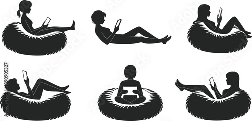 Black and white vector silhouette set featuring women and children relaxing in fluffy bean bag chairs while using digital tablets for leisure and education