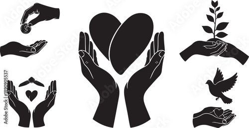 Hands holding heart and love symbols in black silhouette
