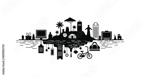 Whimsical island cityscape with diverse objects and silhouettes representing travel and lifestyle.