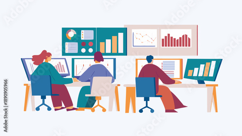 Professionals analyzing data on computers in modern office setting with graphs