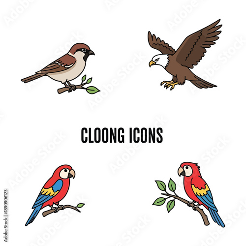 Collection of colorful cartoon birds perched on branches Vector, illustration