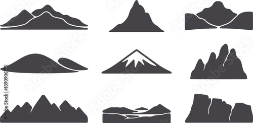 Collection of stylized mountain silhouettes in various shapes and forms, representing diverse natural landscapes and summit outlines for graphic design elements