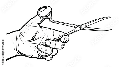 Professional hand holding surgical steel scissors for clinical operating room procedures and medical healthcare facility equipment management business branding.