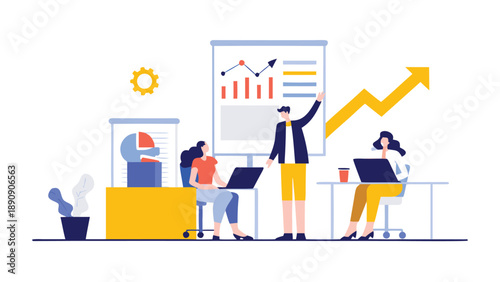 Flat vector illustration of business people collaborating on project with laptops and graphs