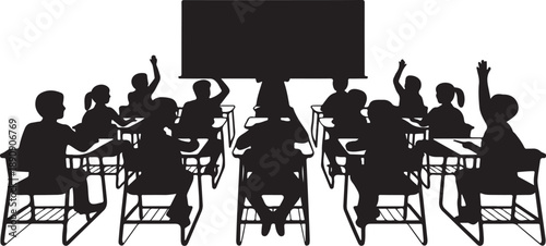 Silhouette of students raising hands in classroom with teacher at blackboard