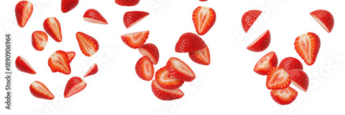 Flying fresh strawberry slices isolated on white background, creative floating red berry fruit segments pattern