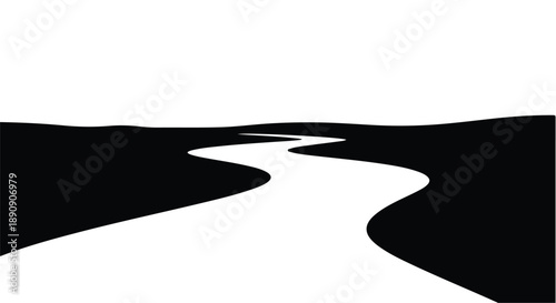 Winding white path curves through dark landscape towards horizon under bright sky