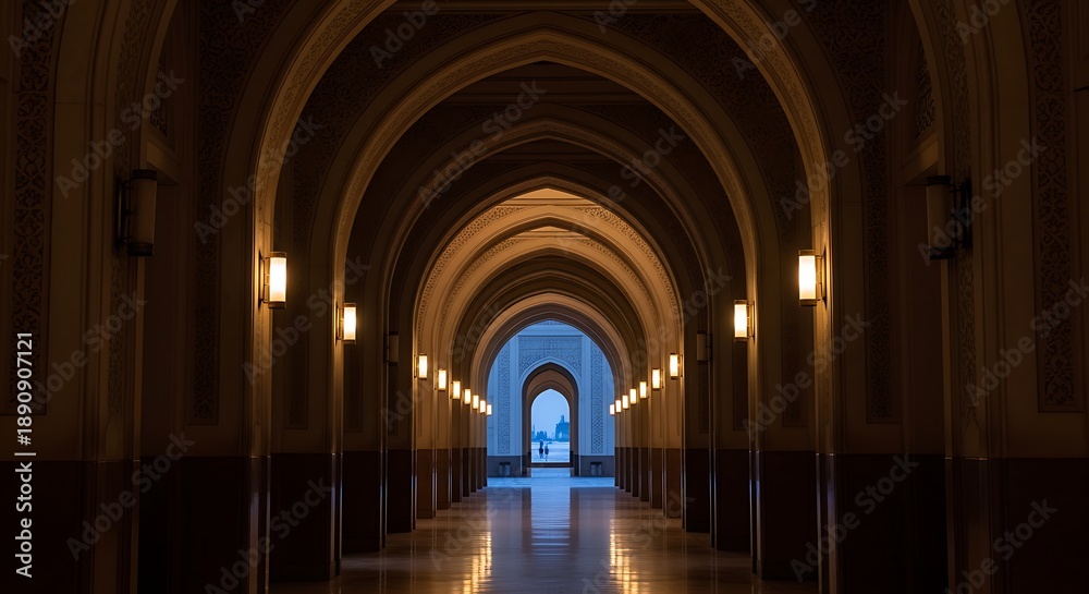 Obraz premium Elegant Archway Corridor with Warm Lighting in Luxurious Building Interior