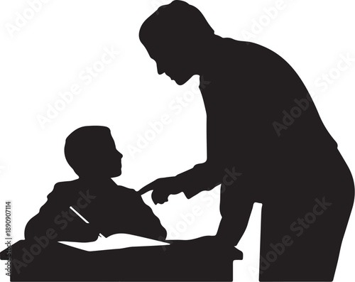 Silhouette of teaching child at desk learning