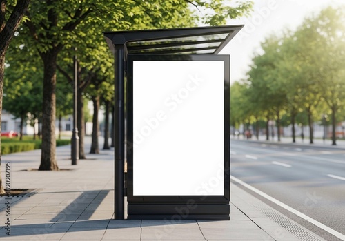 Blank vertical billboard mockup on city bus stop shelter at sunny street