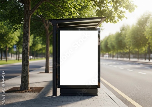 Blank vertical billboard mockup on city bus stop shelter at sunny street