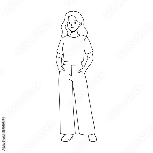 Aesthetic line drawing of a woman in comfortable street wear isolated on white background