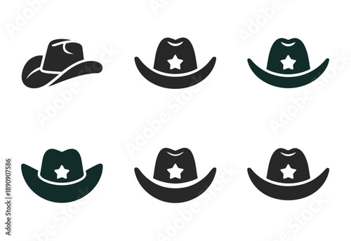 A set of six black and white cowboy hat icons featuring a star emblem, vector illustrations for western themes, rodeo, country style branding, and cowboy graphic design projects.