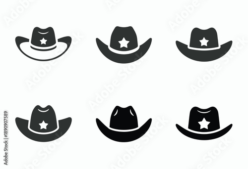 A set of six black and white cowboy hat icons with star emblems, clean vector illustrations ideal for western, rodeo, country, cowboy branding, and decorative design.