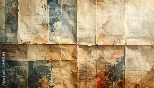 Vintage stained newspaper collage background creates nostalgic, textured wall surface with aged paper, faded text, rustic brown tones, and retro antique style.