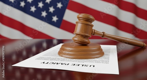 Judicial Gavel Rests on Legal Document Over Reflective Surface With American Flag Background In Soft Light