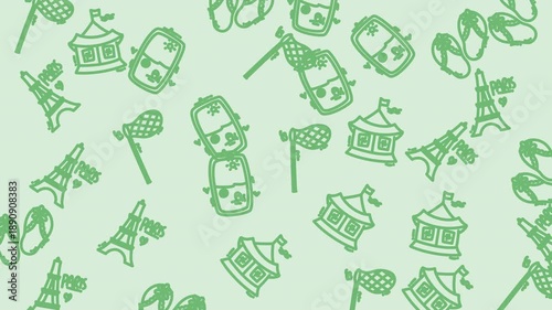 Whimsical Summer Vacation Icons Pattern on Light Green Background.