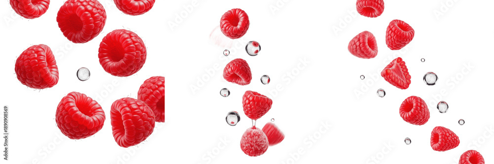Εκτύπωση καμβά Flying fresh raspberries with water drops isolated on white background, creative