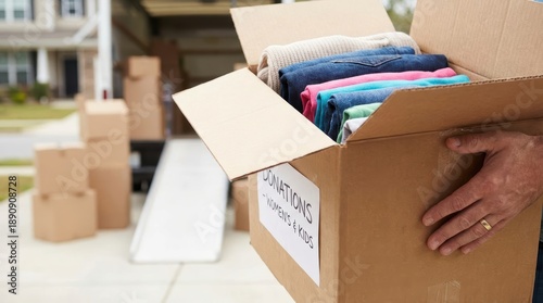 Person Carrying Cardboard Box Filled With Folded Clothes Near Moving Truck and Stacked Boxes Outdoors