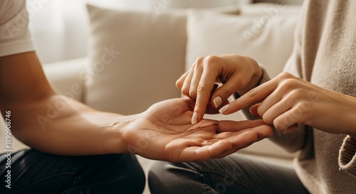 A romantic couple engages in an intimate palm reading, exploring destiny, future, and the beautiful concept of love together