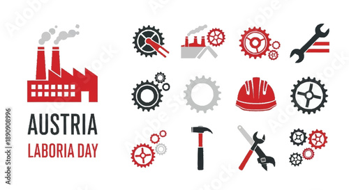 Red and Black Industrial Labor Day with Factory and Tools Austria gears