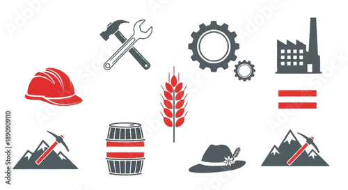 Set of Red and Black Industry and Safety on White Background hammer wrench