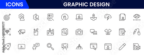 Graphic design web icons set in duotone outline stroke design. Pack pictograms with color palette, content, freelance, print, painting, brainstorm, portfolio, creative idea, tool. Vector illustration.