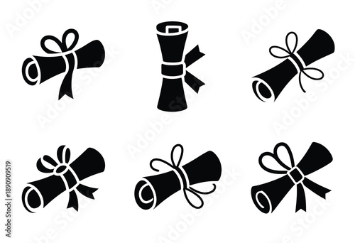 A set of six black and white graduation diploma icons representing academic achievement, vector illustrations for education, graduation ceremonies, certificates, learning platforms, and academic 