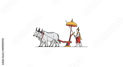 Traditional Farmer Plowing Field with Ox and Large Sun Umbrella