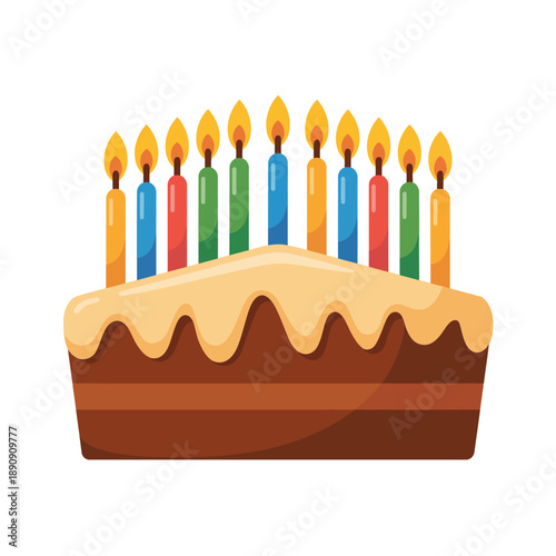 Rectangular birthday cake vector, vanilla icing with chocolate base, rainbow candles aligned, party celebration dessert, anniversary festive event design