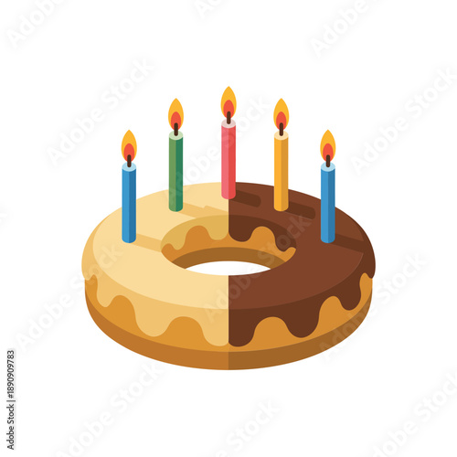 Ring doughnut celebration cake, glossy caramel glaze with colorful candles, party dessert illustration, birthday event poster, sweet bakery vector