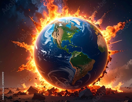 Earth engulfed in flames and explosions, surrounded by rock debris against a dark and smoky backdrop