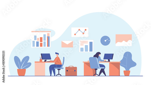 Productive office workers at desks with computers and graphs on the wall in background